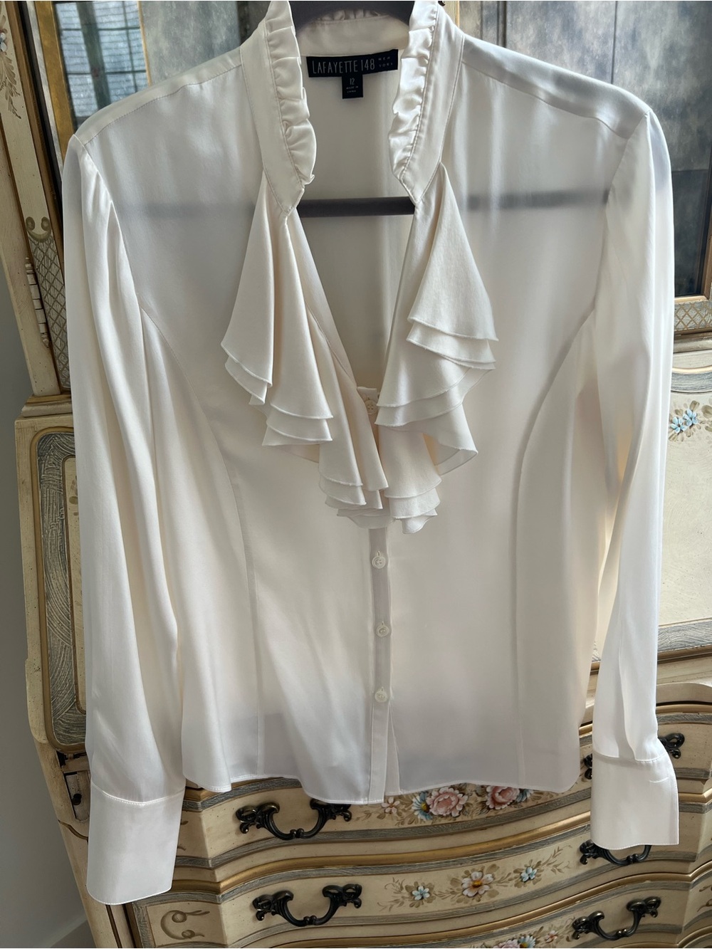 Lafayette 148 New York Ivory Ruffle-Front Silk Blouse Sz12